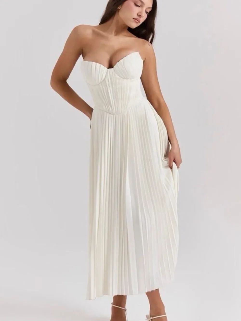 House Of Cb Ivory White Amorata Pleated Woven Maxi Dress Bridal XS